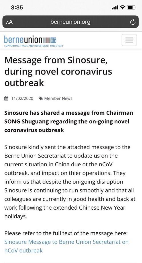 宋曙光董事長致信伯爾尼協會通報中國政府及中國信保積極應對新冠肺炎疫情情況